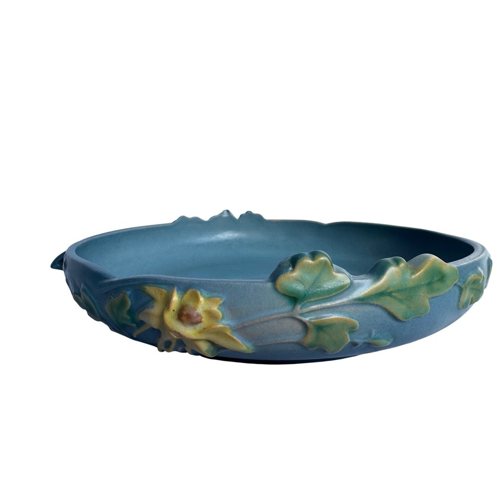 Roseville Pottery Columbine Blue Console Bowl 455-6 Floral Art Deco Centerpiece